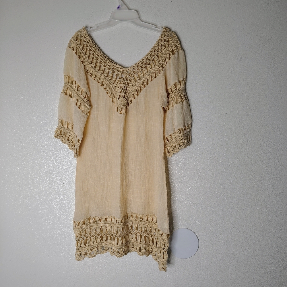 Boho Beige Crochet Mesh Midi Dress Cover Up S/M Solid Neutral Festival Beach - Picture 9 of 15